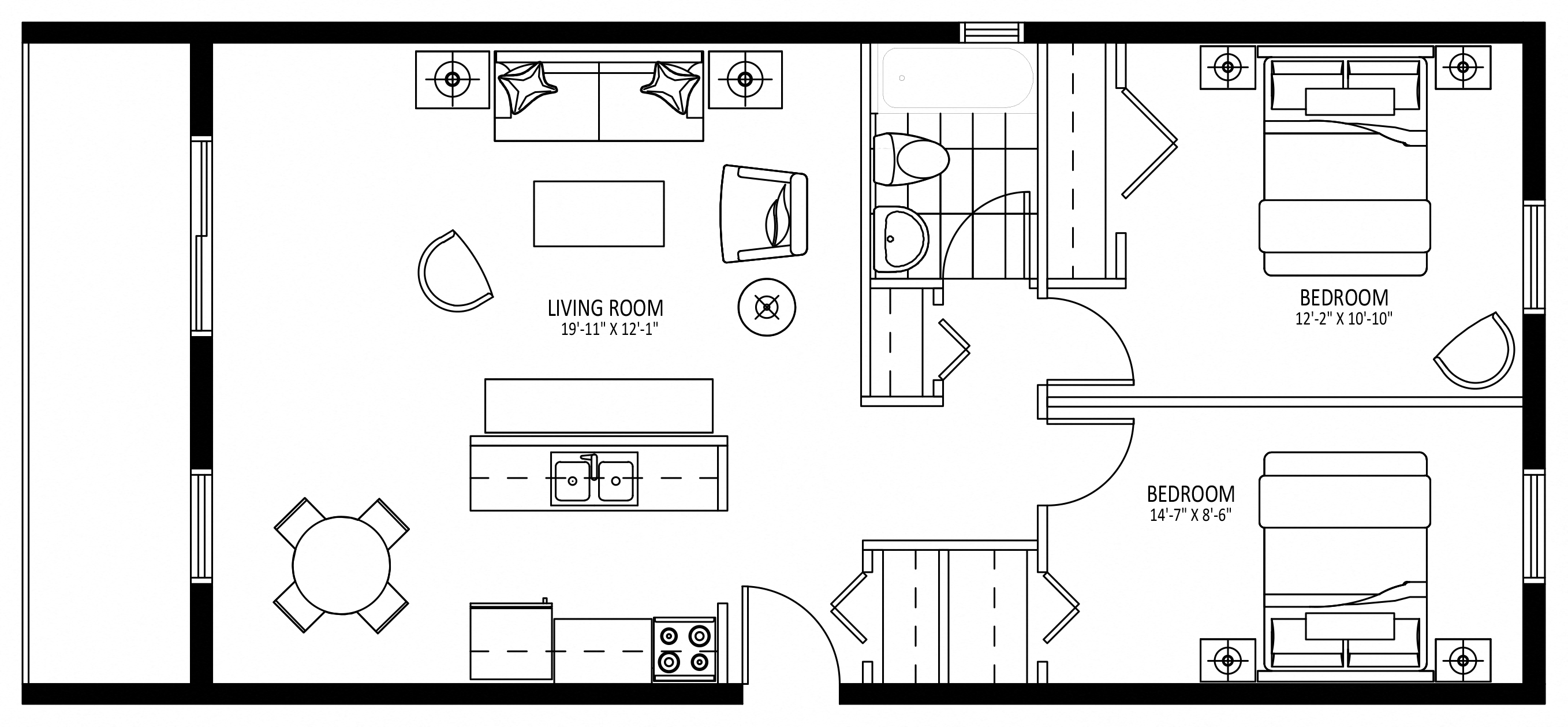 Floor plan for 2 beds, 1 bath, 846 sqft